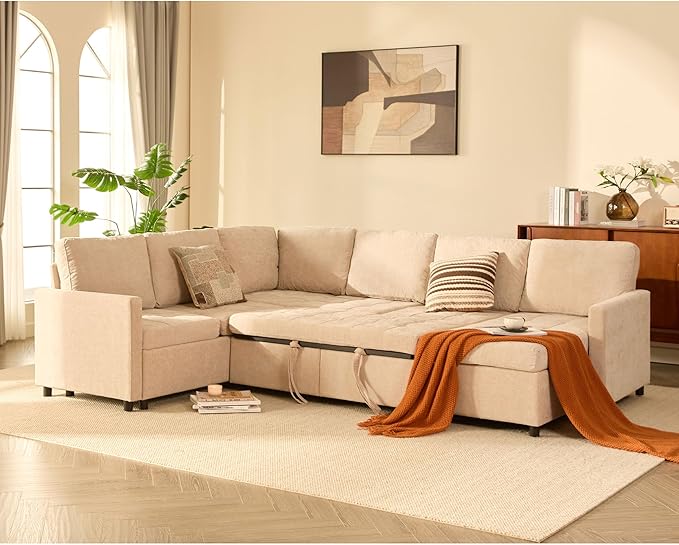 107" Sleeper Sofa, Set of Modular Pieces with Pull Out Bed, U Shaped Sectional Couch with Storage, Extra Wide&Deep Seat Couches for Living Room, Removable Sofa Cover, Chenille-Flat White