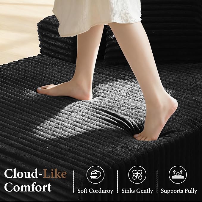 96" Sectional Couches for Living Room Cloud Couch Sofa with L-Shape Upholstered Boneless Couchs Modern Modular Sectional Couch with Chaise (Black, 95" W+Left Facing Chaise+2Seaters)