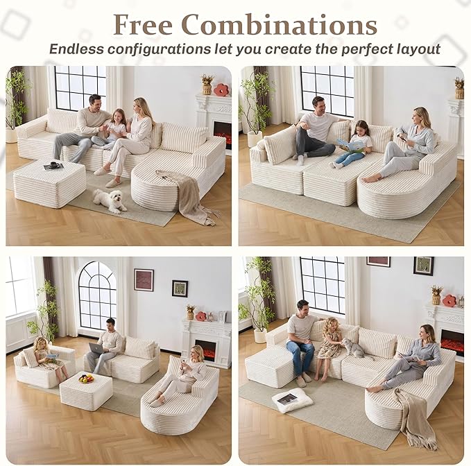 132” Boneless Couches for Living Room, L-Shaped Modular Sectional Sofa with Chaise & Ottoman, Modern Corduroy Cloud Couch with Deep Seat, Comfy Sponge Compression Convertible Sofas