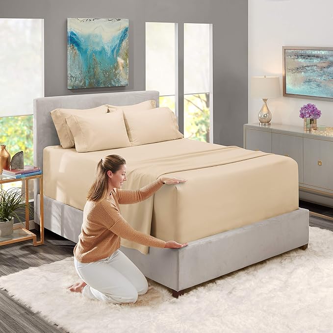 Hearth & Harbor Extra Deep Pocket Sheets - Fits Mattress 18-24 Inches Deep - Extra Deep Pocket Split King Size Sets - 7 Piece Split King Size - Cream