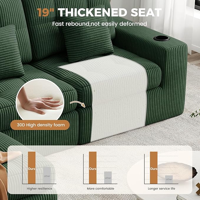 112" L Shaped Cloud Boneless Couch,Modern Modular Sectional Sofa with Layered Cushion,No Assembly Convertible Corduroy Couches for Living Room,Green 1 PCS