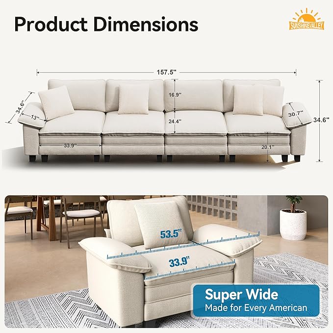 4 Seat Modular Sofa, 157.5'' Oversized Modern Chenille Sectional Couch with Removable Armrest and Pillow, Upholstered Cloud Deep Seat Sofa for Living Room, Beige
