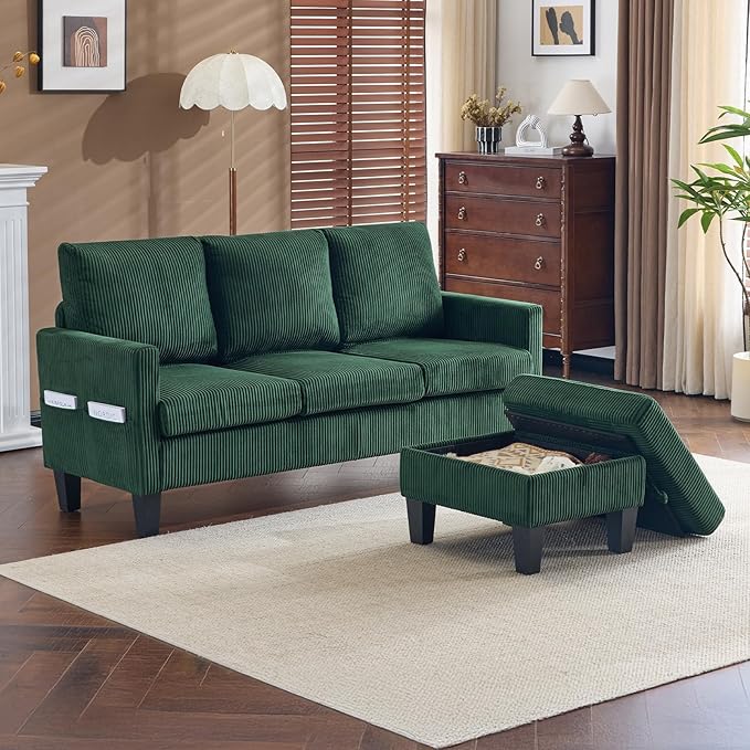 VINGLI 68.5' L Shaped Couch with Movable Storage Ottoman, Convertible Sectional Sofa in Soft Corduroy Fabric, Modern Reversible Chaise Couch for Small Spaces, Apartment, Living Room，Dark Green