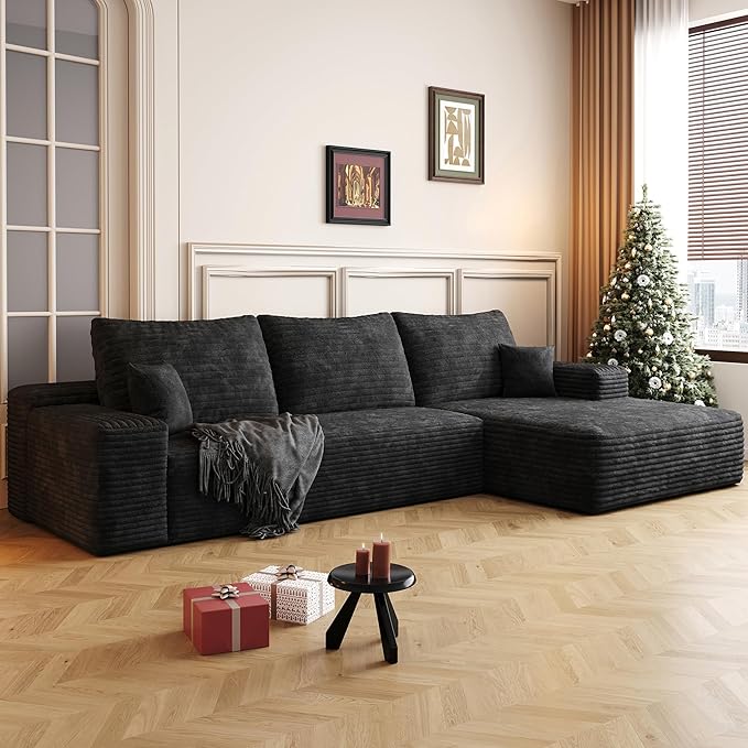 108" Sectional Couches for Living Room Cloud Couch Sofa with L-Shape Upholstered Boneless Couchs Modern Modular Sectional Couch with Chaise (Black, 108" Right Facing Chaise+2Seaters)