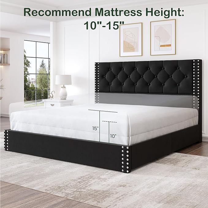 LARMACE Queen Size Platform Bed Frame with 4 Storage Drawers and Tufted Headboard Velvet Upholstered Bed Frame with Heavy Duty Wood Slats, No Box Spring Needed, Easy Assembly, Black