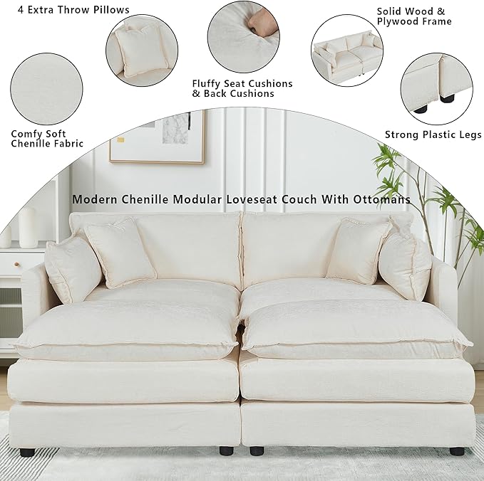 Setawix Deep Loveseat Couch with Ottomans,Large 2 Seater Lounger Cloud Couches for Living Room,77.16" Chenille Cloud Sofas with Deep Seat,Modular Sectional Sleeper Sofa for Bedroom (Beige, 2+2)