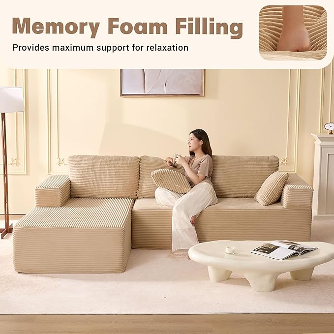 107" Boneless Couch with Deep Seat, Set of Modular Sectional Sofa, Cloud Sectional Couch for Living Room, No Assembly Required, Corduroy, L-Shape Left, Camel