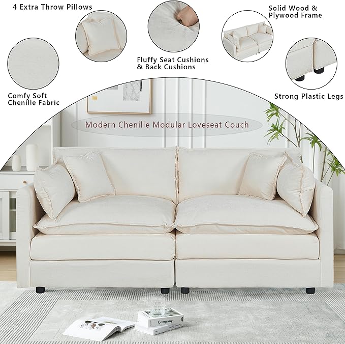 Setawix Chenille Loveseat Sofa Couch with Deep Seat,Large 2 Seater Cloud Couches for Living Room,77.16" Roomy Cloud Sofas,Modular Sectional 2 Seat Sofa with Pillows for Bedroom. (Beige, 2 Seater)