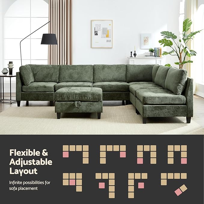 Luxe Oversized Modular Sectional Sofa, Modern Chenille Convertible Sleeper Sofa with Storage Ottoman, Comfy Deep Seat U-Shaped Cloud Couch for Living Room（Green，6-Seater + 1*Ottoman）