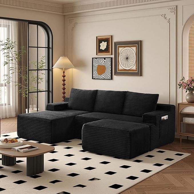 96" Sectional Couches for Living Room Cloud Couch Sofa with L-Shape Upholstered Boneless Couchs Modern Modular Sectional Couch with Chaise (Black, 96" W+Left Facing Chaise+2Seaters+Ottoman)