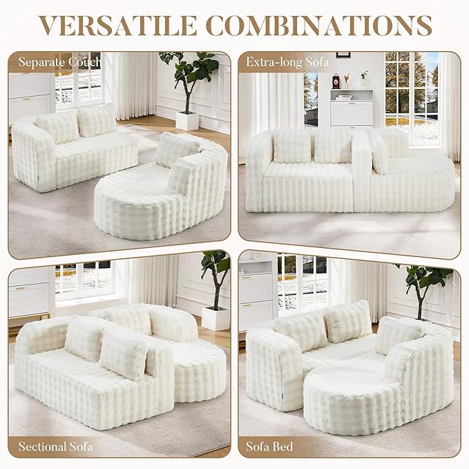 Hobestluk 96" Cloud Sectional Couch Modern Boneless Couch 3 Seater with Oversized Chaise L Shaped Modular Sofa Couches for Living Room Apartment No Assembly Required (Bubble White,Right Facing Chaise)