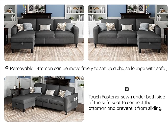 Sectional Couches for Living Room 78" Convertible L Shaped Couch with Removable Storage Ottoman 3 Seater Sofas Modern Linen Dark Grey Sofa for Apartments Studios Dorms Small Spaces