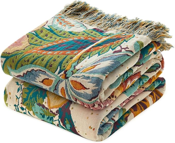 LUTBM Boho Throw Blanket for Bed Cotton Spring Blankets Twin Size for Bedroom Living Room All Season Lightweight Botanical Floral Embroidery Quilt for Couch Sofa Chair 60"x80" Home Decor
