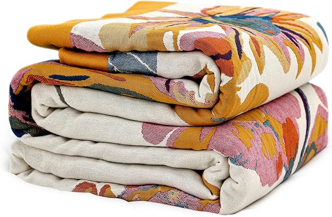 Boho Throw Blanket for Couch 100% Cotton Soft Breathable Butterfly and Floral Double Embroidery Spring Throw Blanket,50"x60" All Season Reversible Throws for Sofa Chair Bohemian Decor for Livingroom