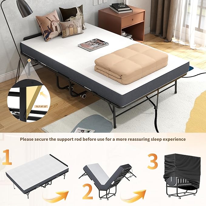 AQY Folding Rollaway Bed with 5" Memory Foam Mattress, 3.15" Lift Adjustable Headboard, 75"x46" Twin Size, Heavy Duty Metal Frame on Wheels, Portable for Adults/Guests, Assembly Required