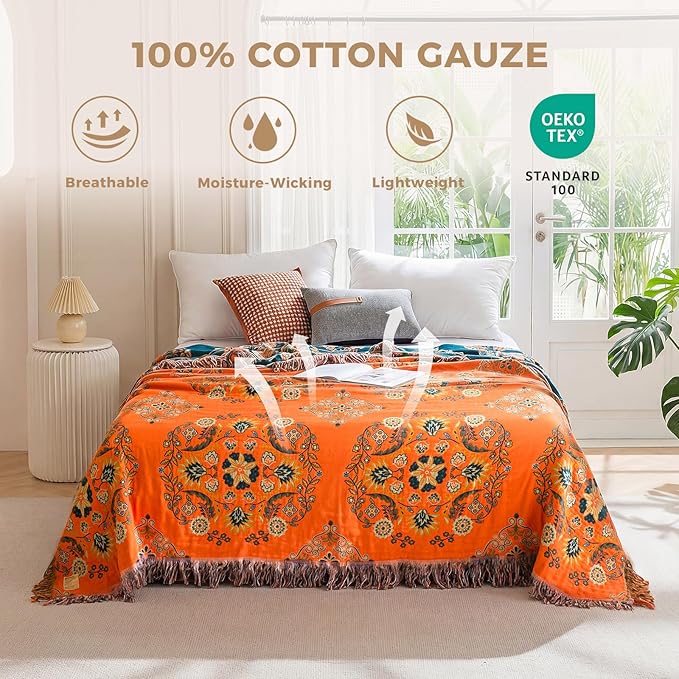 Boho Throw Blanket for Bed 100% Cotton Soft Lightweight Quilt Floral Embroidery Home Decor Spring Breathable Bed Blankets,60"x80" Twin All Season Reversible Blankets for Sofa Couch Chair
