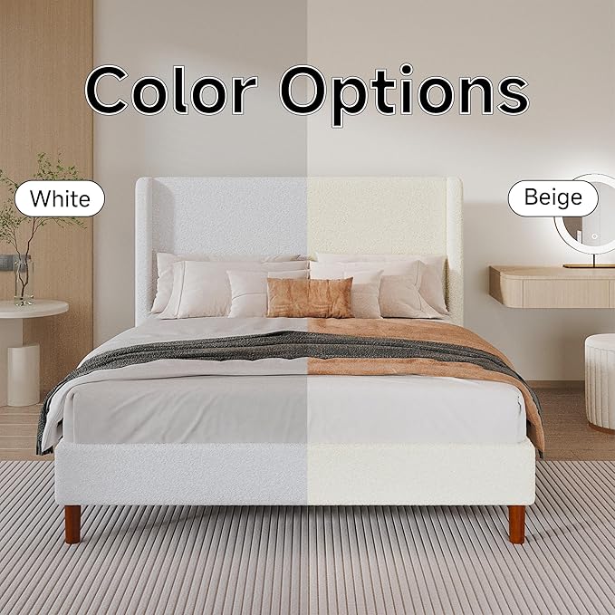 Queen Boucle Bed Frame, Platform Bed with Upholstered Wingback Headboard, Strong Wooden Slats Support, Noise-Free, Easy Assembly, No Box Spring Needed, White