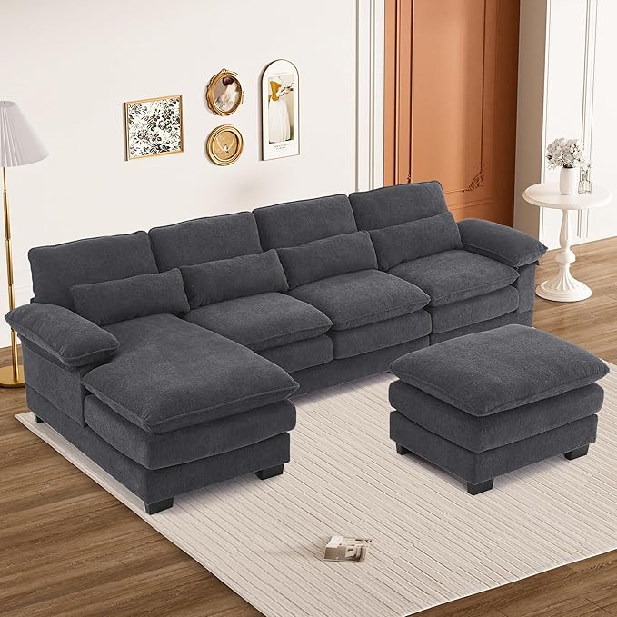 113" Cloud Couch Sectional Modular Sofa U Shaped Sectional Couches for Living Room Comfy 5-Seater Deep Seat Couch Chenille Cloud Sectional Sofa with Movable Ottoman & 4 Pillows, Dark Grey