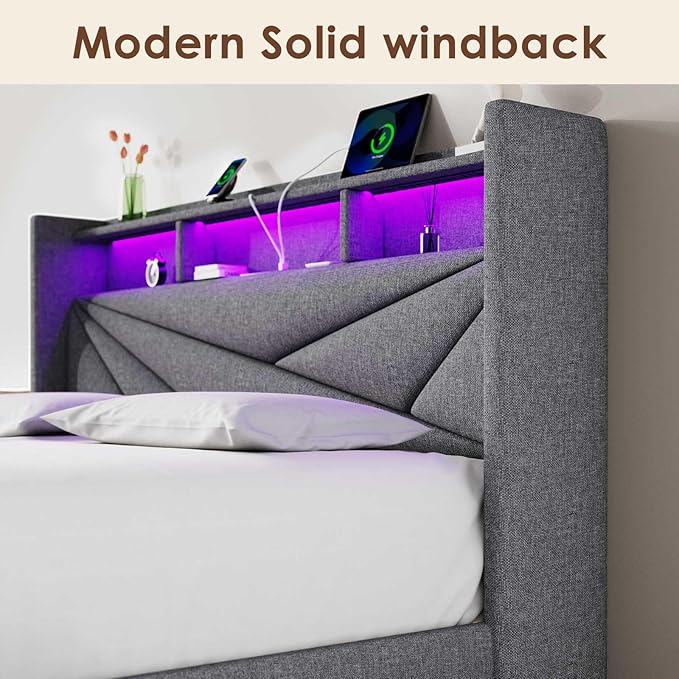 Driftalia LED Queen Bed Frame with 2 Storage Drawers, Upholstered Bed Frame Queen Size with Headboard and Charging Station, No Box Spring Needed, Easy to Assembly-Light Grey