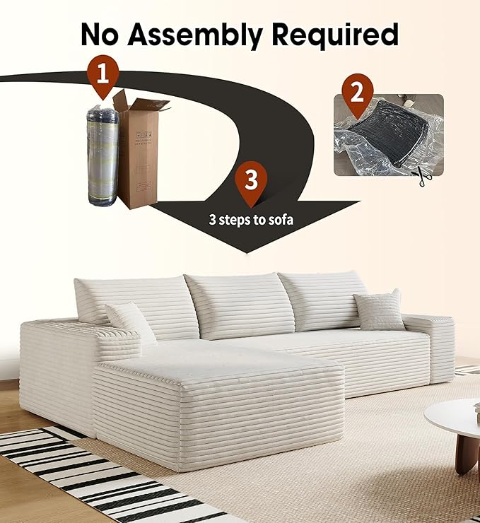 108" Sectional Couches for Living Room Cloud Couch Sofa with L-Shape Upholstered Boneless Couchs Modern Modular Sectional Couch with Chaise (White, 108" Left Facing Chaise+2Seaters)