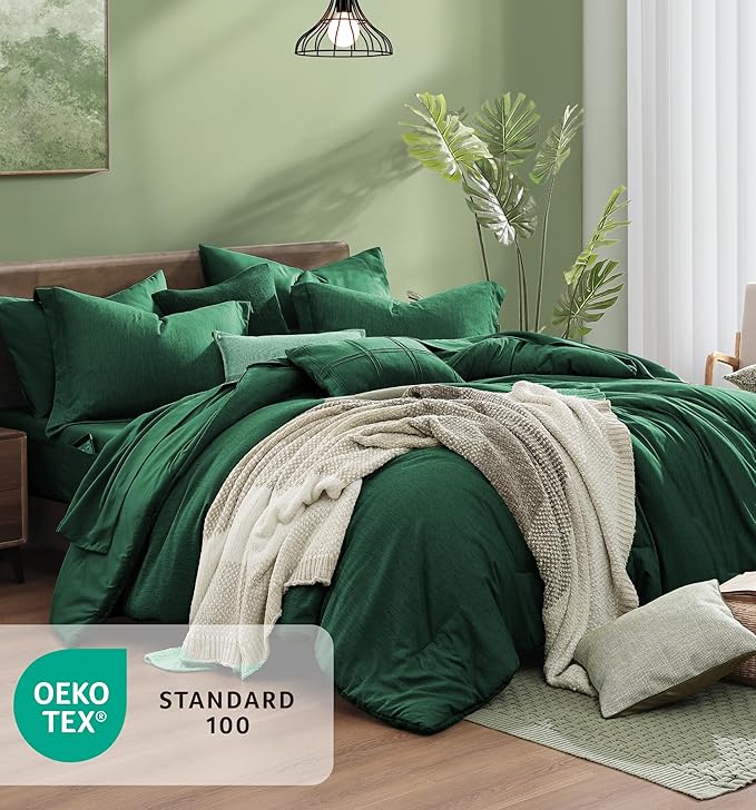 Monbix Queen Comforter Set - 7 Pieces Cationic Dyeing Emerald Green Bed in a Bag Queen Bedding Sets with Comforter, Sheets, Pillowcases & Shams, Reversible Bedding Comforters Sets