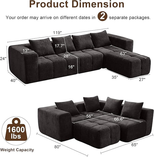 119" Boneless Couch, Cloud Sectional Couch with Deep Seat, High-Density Memory Foam and Chaise, Sectional L Shaped Sofa, Boneless Couches for Living Room, No Assembly Required Tufted Sofa, Dark Grey