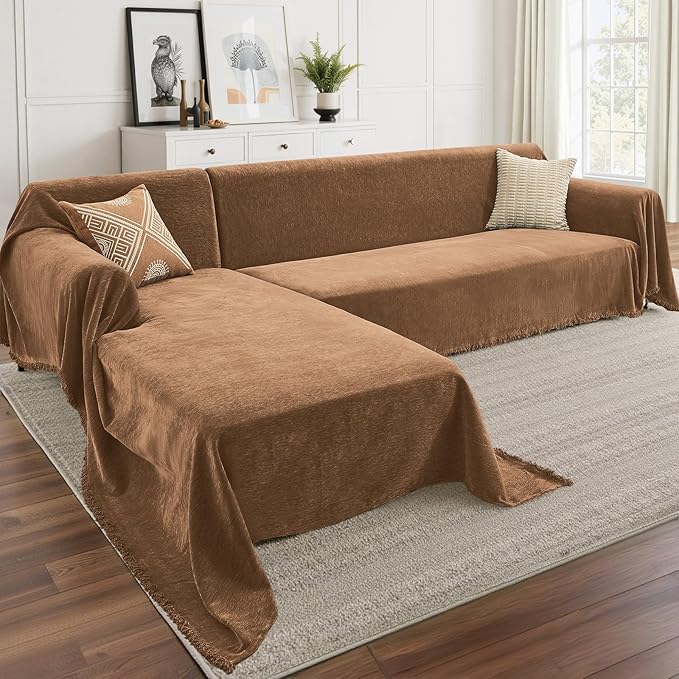 Sectional Couch Covers, 2 Pieces Chenille Sofa Cover L Shaped Couch Cover Blanket for Dogs Washable Sofa Slipcovers Pet Furniture Protector (X-Large: 71" x 110" + 71" x 118", Brown)