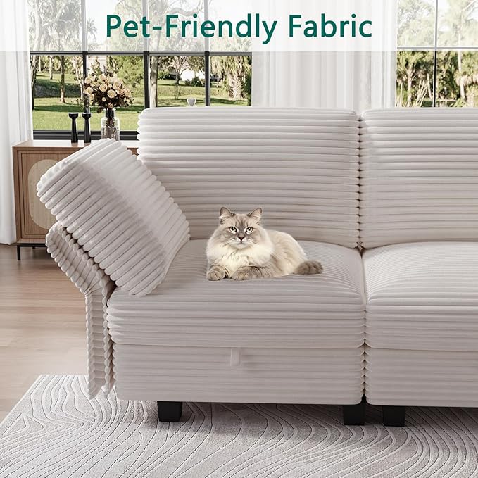 Modular Sectional Sofa with Adjustable Backrest, Large Convertible L/U-Shaped Sleeper Couch for Living Room, Cloud Sofa Bed Modern Reversible Design, Beige