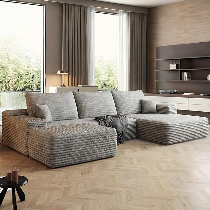 108" Sectional Couches for Living Room Cloud Couch Sofa with L-Shape Upholstered Boneless Couchs Modern Modular Sectional Couch with Chaise (Grey, 108" Right Facing Chaise+2Seaters+1Ottoman)