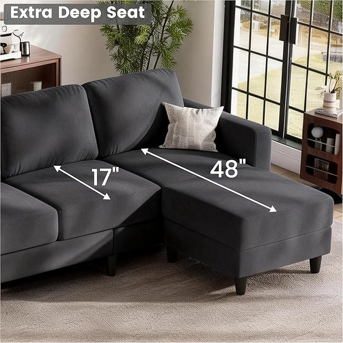 73" Sectional Sofa Couch for Living Room, Dark Grey Convertible L Shaped Sofa with Reversible Ottoman, 8" Extra Thick High-Density Cushions, Modern Linen Fabric 3 Seater Sofa for Small Space | 8" Extra Cushions