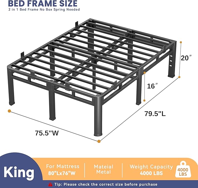 20 Inch King Size Bed Frame, Double Layer Heavy Duty Bed Frames 4000 lbs Capacity, Metal Platform bedframe with Headboard Holes, Round Corner Legs, Mattress Slide Stopper, Easy Assembly