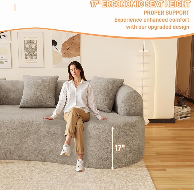 107" Curved Sofa for Living Room, Modern Chenille Cloud Couch Sofa, Luxury Plush Extra Deep 4-Seater Oversized Boucle Couch for Small Spaces, Apartment‌, No Assembly Required, Light Brown