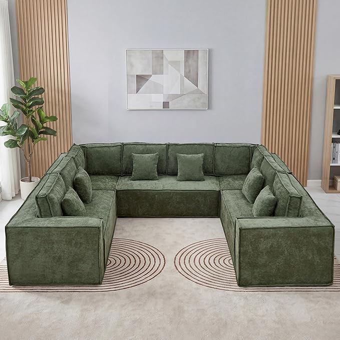 138'' Boneless Chenille U Shaped Couch, Oversized Modular Sectional 8 Seater Sofa, Modern Deep Seat Corner Cloud Compressed Couch, No Assembly Sleeper Sofa with Chaise for Living Room, Green