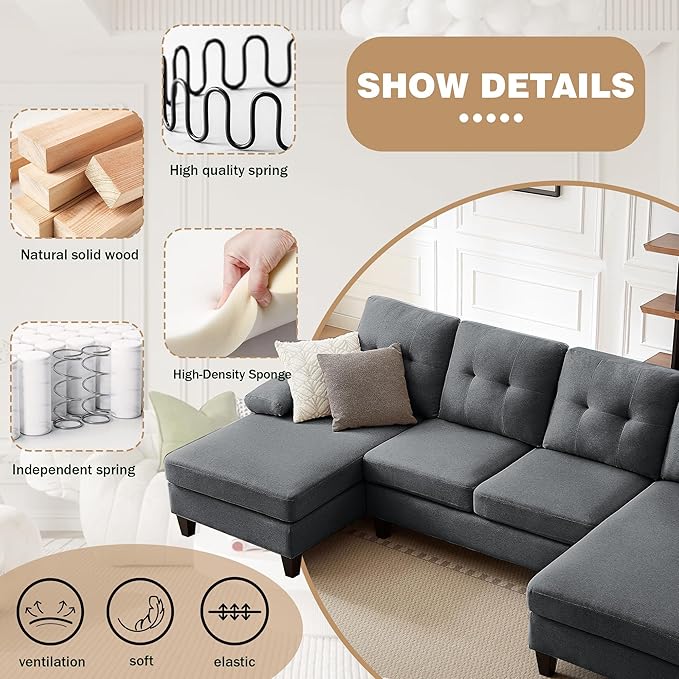 111" Sectional Couch for Living Room, Modern Polyester Fibre U Shaped Sofa Couches with Double Chaise, Upholstered 4 Seater Sofa for Living Room, Apartment, Office, Dark Grey