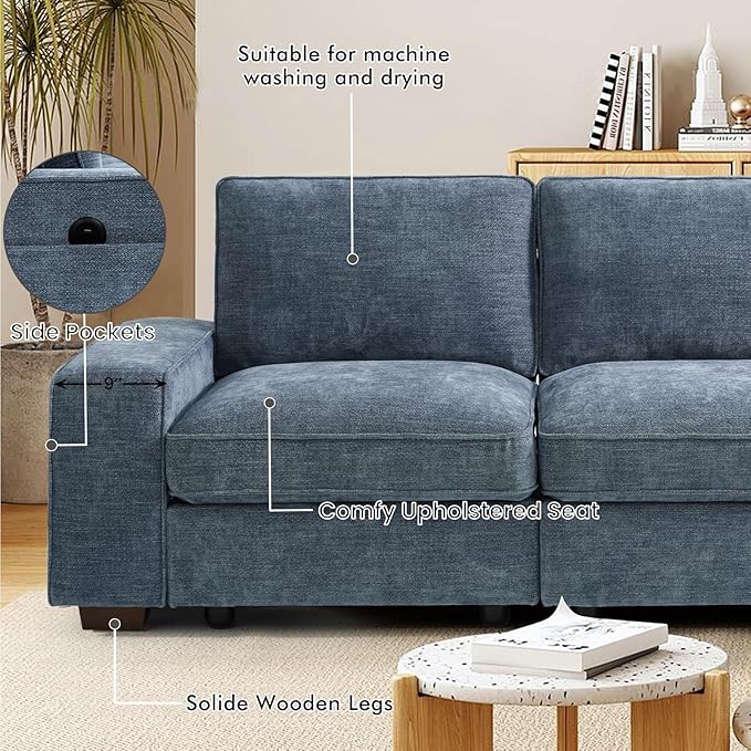 TEKAMON 128" Modular Sofa Couch with Seat Storage, Modern Comfy 4-Seater Long Couch for Living Room, Office, Apart, Chenille Sofa, Wide Armrest, USB Charging, Pockets, Washable Covers (Blue)