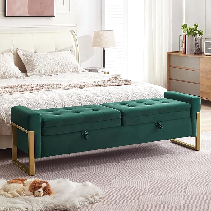 67" Storage Bench for Bedroom King Size, Velvet Upholstered End of Bed Storage Bench with Gold Legs, Double Lids Tufted Storage Ottoman Bench for Living Room,Entryway, Green