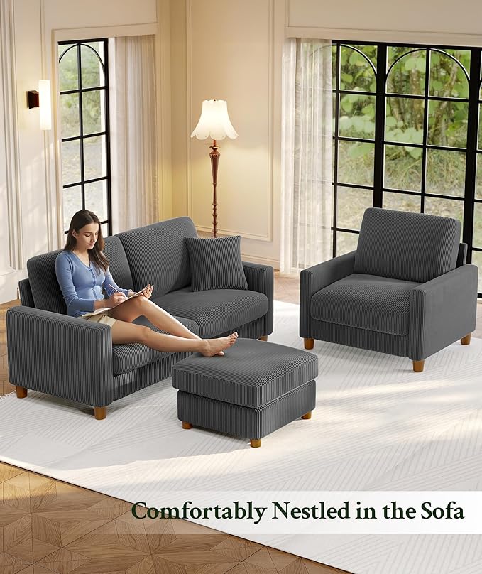 25.2" Couches for Living Room, Comfy Grey Ottoman with Storage, Foot Rest Tool-Free Setup, Small Ottoman Foot Rest for Couch, Corduroy Couch for Bedroom, Apartment, Office