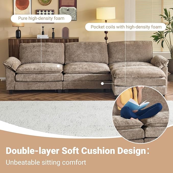 VINGLI Convertible Modular Sectional Sofa with Deep Seat & Movable 2-Layer Ottoman, L-shape Cloud Sofa with Chaise &Armrests, Oversized 3-Seater Couch for Living Room & Apartment, Chenille,Light-Brown