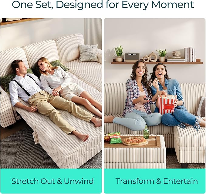 LINSY HOME Sectional Sleeper Sofa with Pull Out Couch Bed for Living Room (Beige) | Plush Corduroy, Storage Ottoman, Storage Chaise, Pull Out Couch, USB Charging