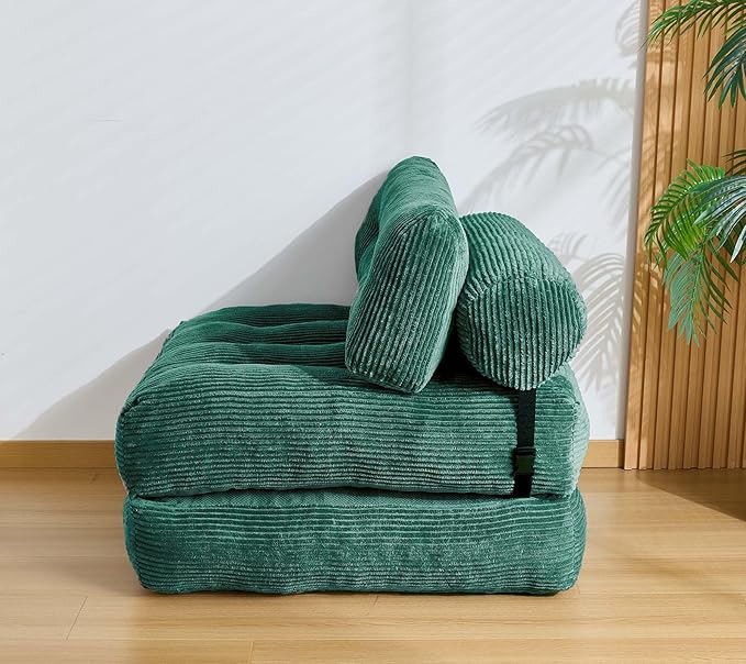 Kisoy Folding Sofa Bed, Convertible Sleeper Chair Couch Bed Faux Rabbit Fur for Adults, with Back Support Floor Couch Comfy Floor Sofa for Living Room Bedroom, Green, Single