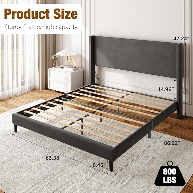 Sismplly Full Bed Frame with Wingback Headboard, Velvet Upholstered Platform Bed with Wooden Slats, 6.46“ Under Bed Storage, Metal Support, Noise Free, No Box Spring Needed, Gray