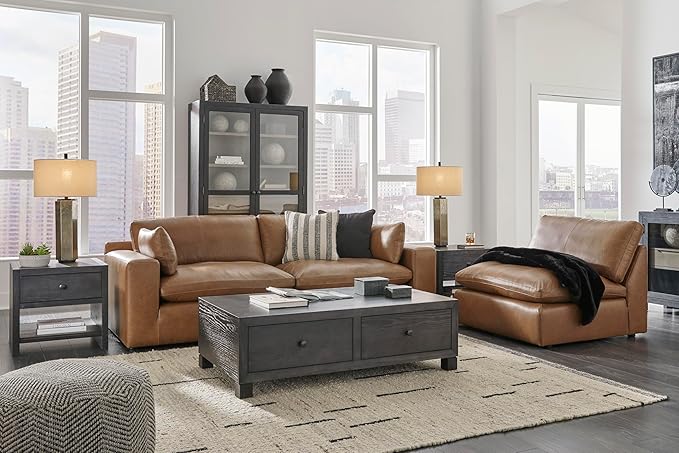 Signature Design by Ashley Emilia Modern Leather Match 3-Piece Sectional Sofa with Loose Back Cushions and 2 Bolster Pillows, Light Brown