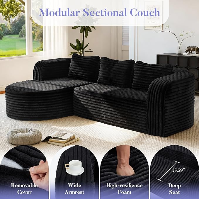Hobestluk 96" Cloud Sectional Couch Modern Boneless Couch 3 Seater with Oversized Chaise L Shaped Modular Sofa Couches for Living Room Apartment No Assembly Required (Stripe Black,Left Facing Chaise)