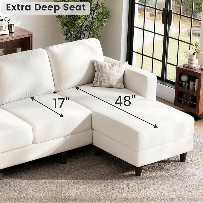73" Sectional Sofa Couch for Living Room, Beige Convertible L Shaped Sofa with Reversible Ottoman, 8" Extra Thick High-Density Cushions, Modern Linen Fabric 3 Seater Sofa for Small Space