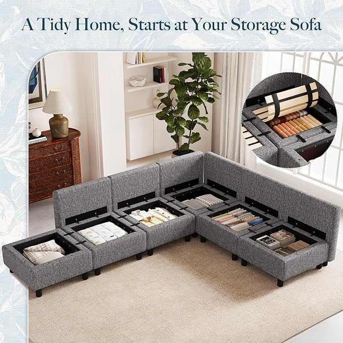 Belffin 107.1" 6 Seats L Shaped Couch Modular Sectional Sofa Seat Couch with Storage Comfy Washable Sectional Couches for Living Room Sofas with Chaise,Grey