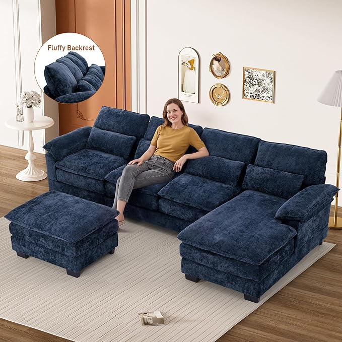 113" Cloud Couch Sectional Modular Sofa U Shaped Sectional Couches for Living Room Comfy 5-Seater Deep Seat Couch Chenille Cloud Sectional Sofa with Movable Ottoman & 4 Pillows, Blue