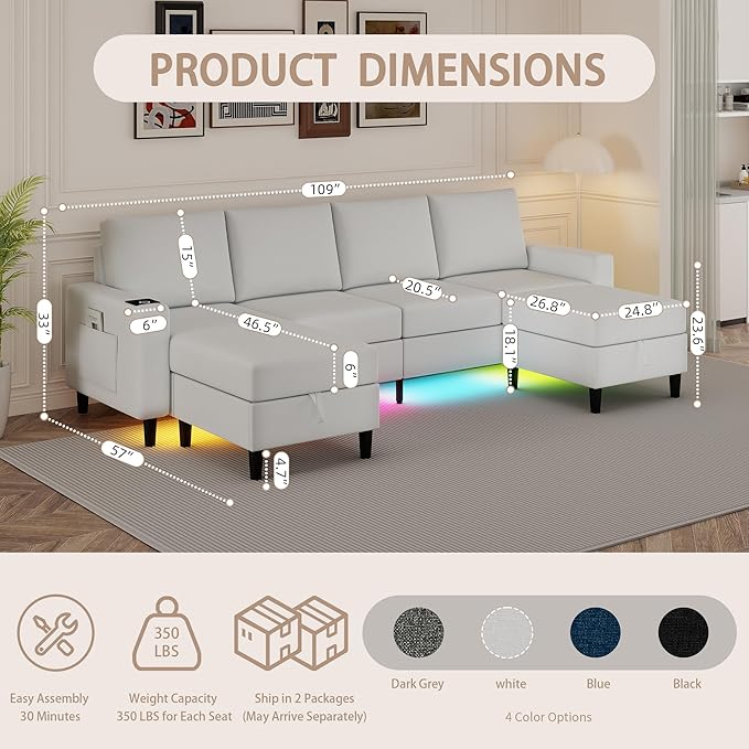 U Shaped Sectional Couches for Living Room, 109" Linen Cloud Couch with Chaise Lounge/Storage Ottoman, 4 Seat Sectional Sofa with Smart Module-Wireless Charging/USB/Type-C/RGB Lights (White)