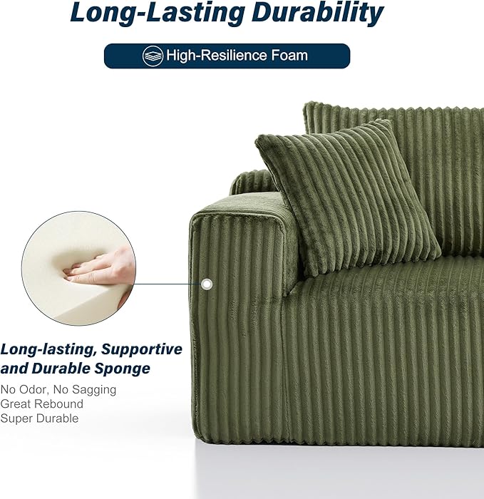 3 Seater L Shaped Sofa with Deep Seat, 101" Cloud Sectional Couch with Chaise, Cozy Modular Couches Sleeper, Oversized Corduroy Sofa for Living Room Bedroom Apartment, Green
