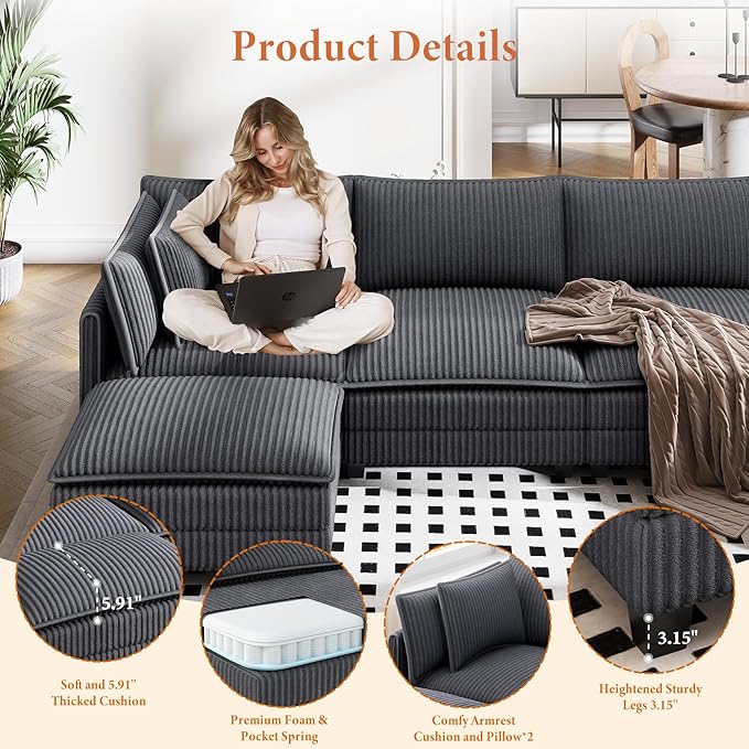 Vesgantti 109" L Shaped Cloud Sectional Couch, Comfy Corduroy Upholstered Modular Couches for Living Room, Modern 3 Seater Sectional Sofa with Ottoman Deep Seat, Charcoal Grey