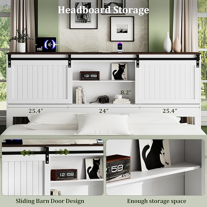 King Size Bed Frame with Storage Headboard, Sliding Barn Door, Wood Platform Bed with Reading Light and Charging Station, Wood Slats Support, Easy Assembly, Noise-Free, Antique White